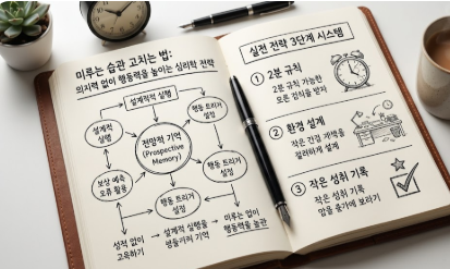 미루는 습관 고치는 법과 행동력을 높이는 방법을 위해 '2분 규칙'과 '환경 설계' 전략을 도표로 정리한 집중 노트와 아날로그 시계 사진