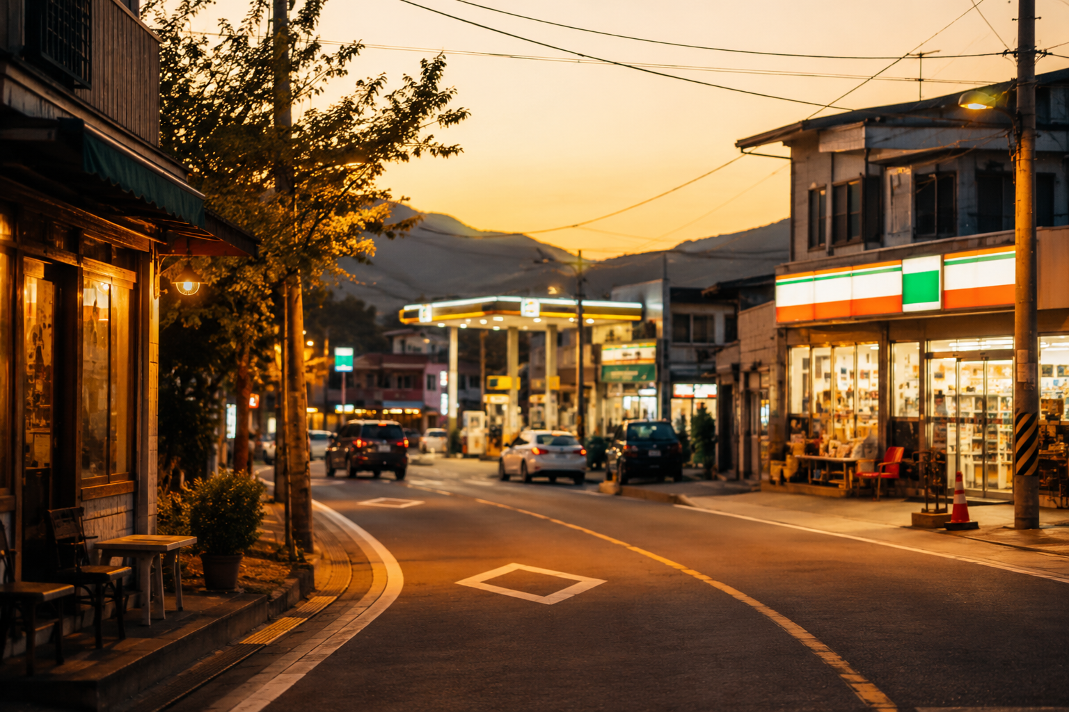 경남 지역 소도시 거리에서 식당&middot;편의점&middot;주유소가 보이는 따뜻한 저녁 분위기의 동네 상권 풍경