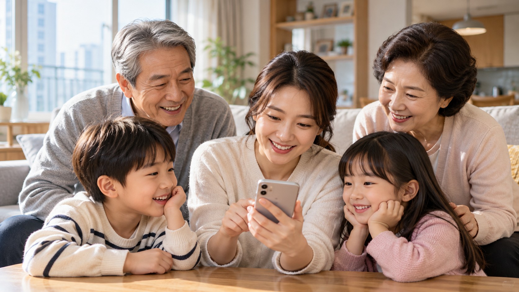 조부모와 어머니, 두 아이가 거실에서 스마트폰을 함께 살펴보는 다세대 가족 모습