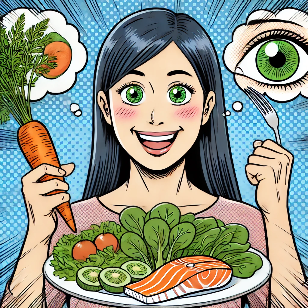눈 건강에 좋은 음식(당근, 연어, 녹색 채소 등)을 즐겁게 먹는 여성
