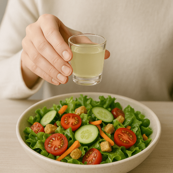 샐러드를 먹기 전 작은 잔의 애사비 음료를 들어올리는 장면