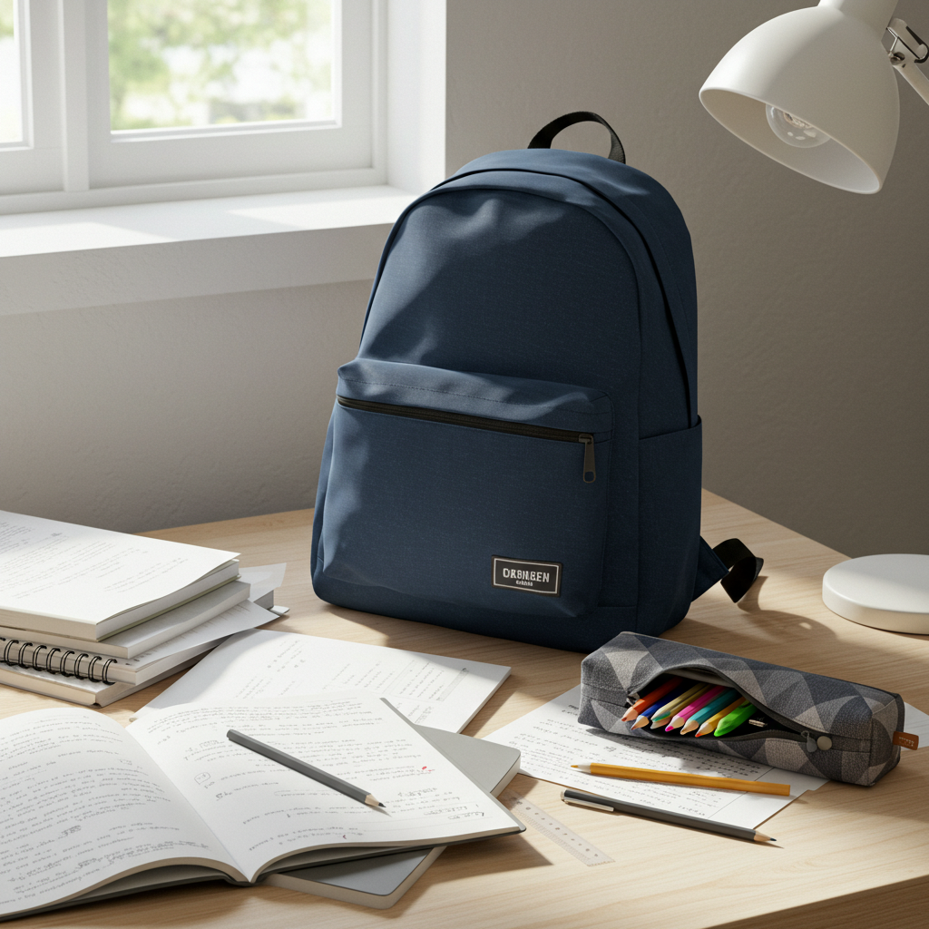 책상위에 책가방, 노트, 연필 등이 있습니다.