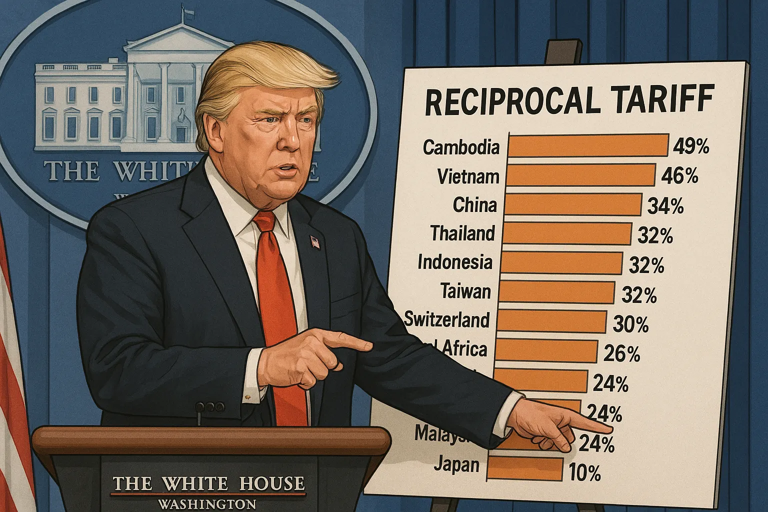 도널드 트럼프가 상호 관세 정책을 발표하며 그래프를 가리키는 장면