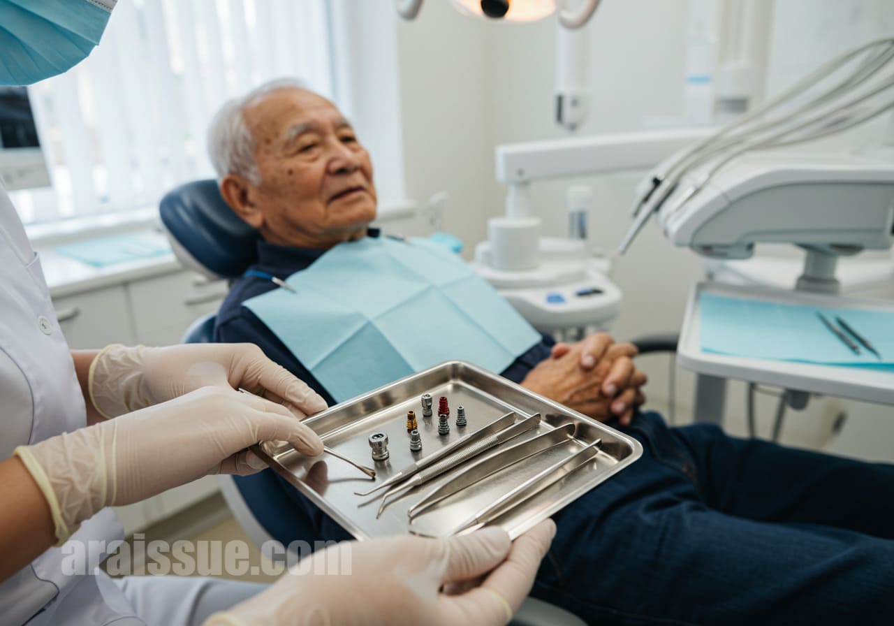 고령 남성이 임플란트 시술을 준비하고 있으며, 의사가 설명을 진행 중입니다.
임플란트 기구들이 소독된 트레이 위에 놓여 있는 실제 진료 상황입니다.