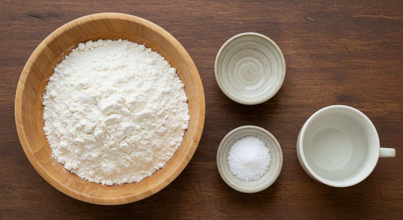 밀가루, 소금, 물이 담긴 그릇