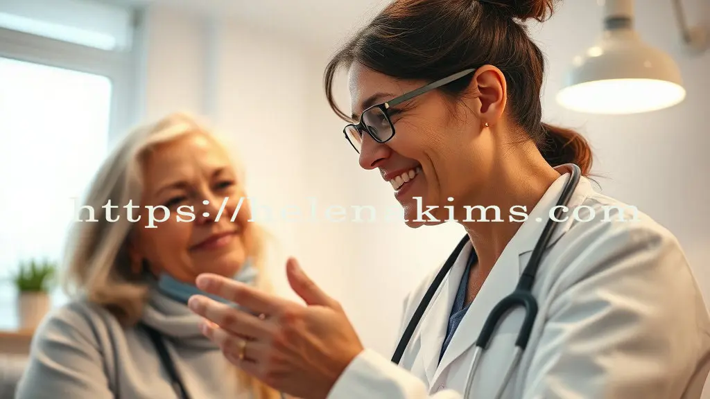 중년 여성이 병원의 의사와 상담하고 있는 모습.