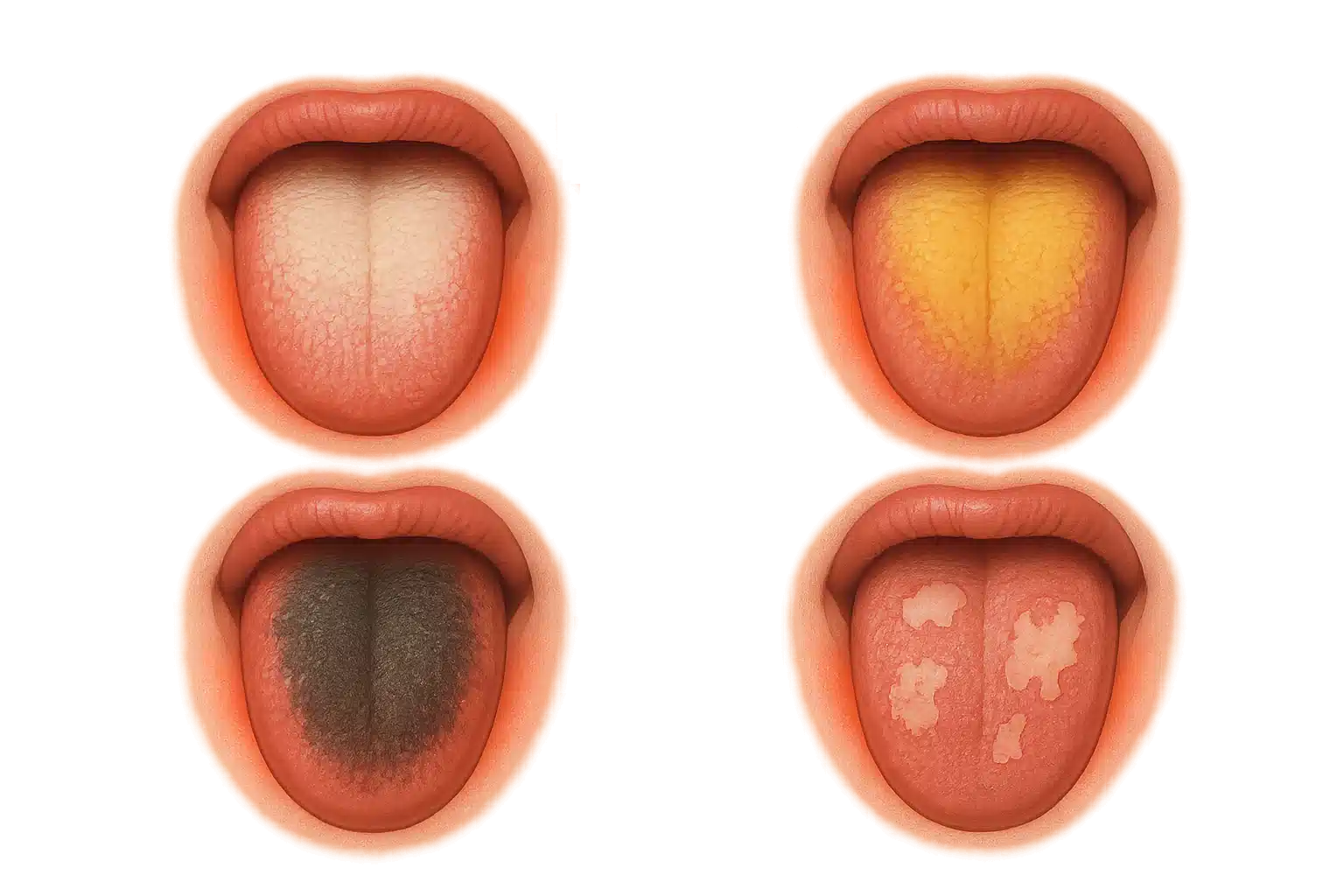 다양한 색깔의 백태(흰색, 노란색, 검은색, 벗겨진 패턴)