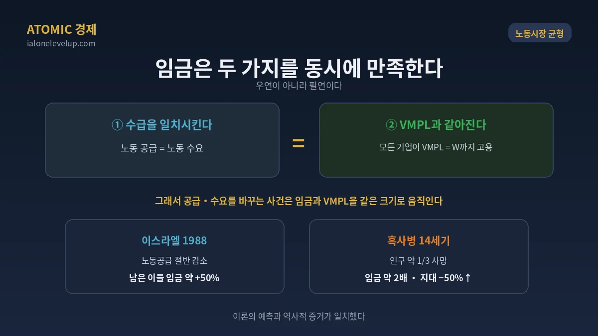 노동시장 균형 임금이 수요와 공급을 일치시키면서 동시에 한계생산물 가치와 같아지는 원리 이스라엘 흑사병 사례