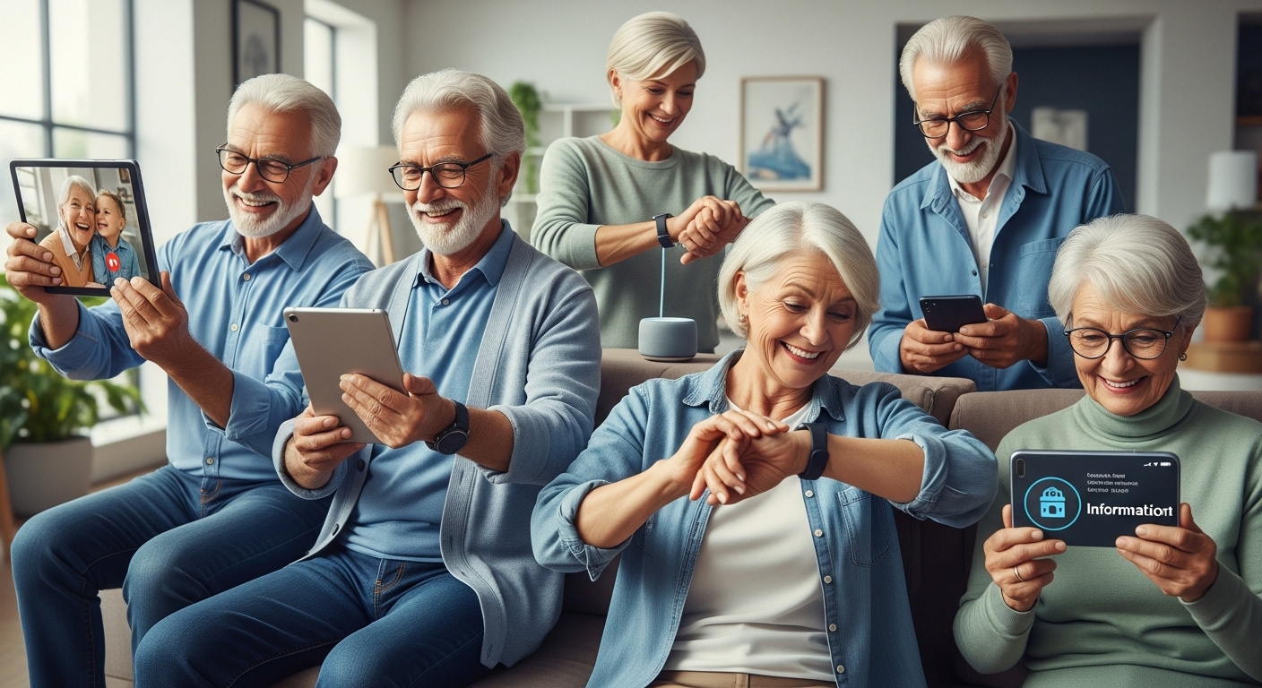 지역 복지관에서 강사의 도움을 받아 태블릿과 노트북 사용법을 배우는 시니어들이 활기차게 소통하는 모습, 디지털 학습 커뮤니티의 중요성을 상징.