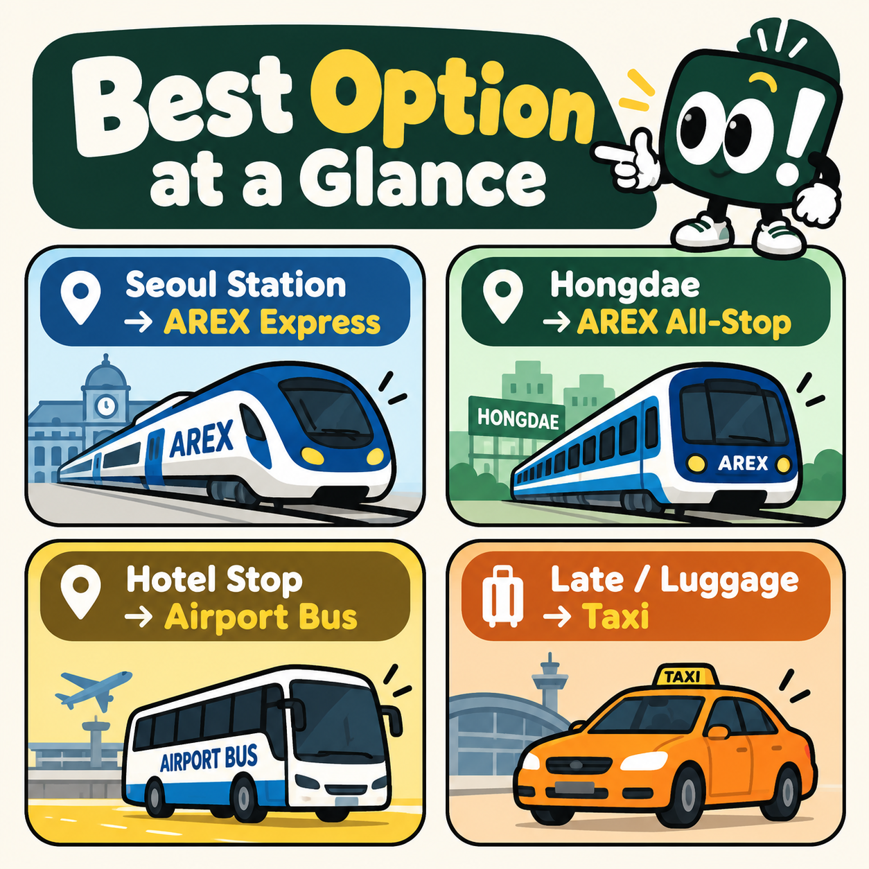 Best transport options from Incheon Airport to Seoul Station, Hongdae, hotels and late-night destinations