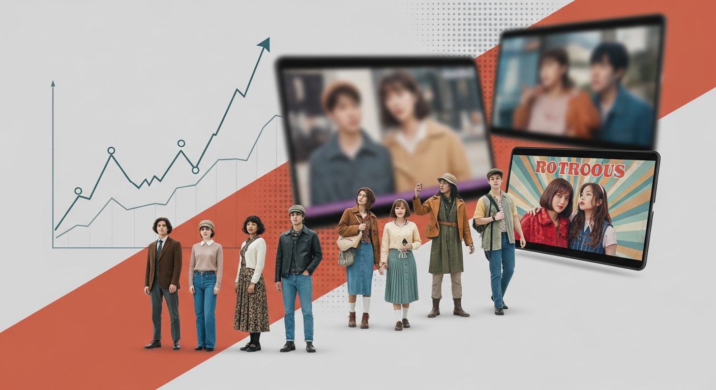 경제적 불안정, 개성 추구, 미디어 영향 등 복고 트렌드를 이끄는 다양한 문화적, 경제적 요인을 상징적으로 표현한 이미지.