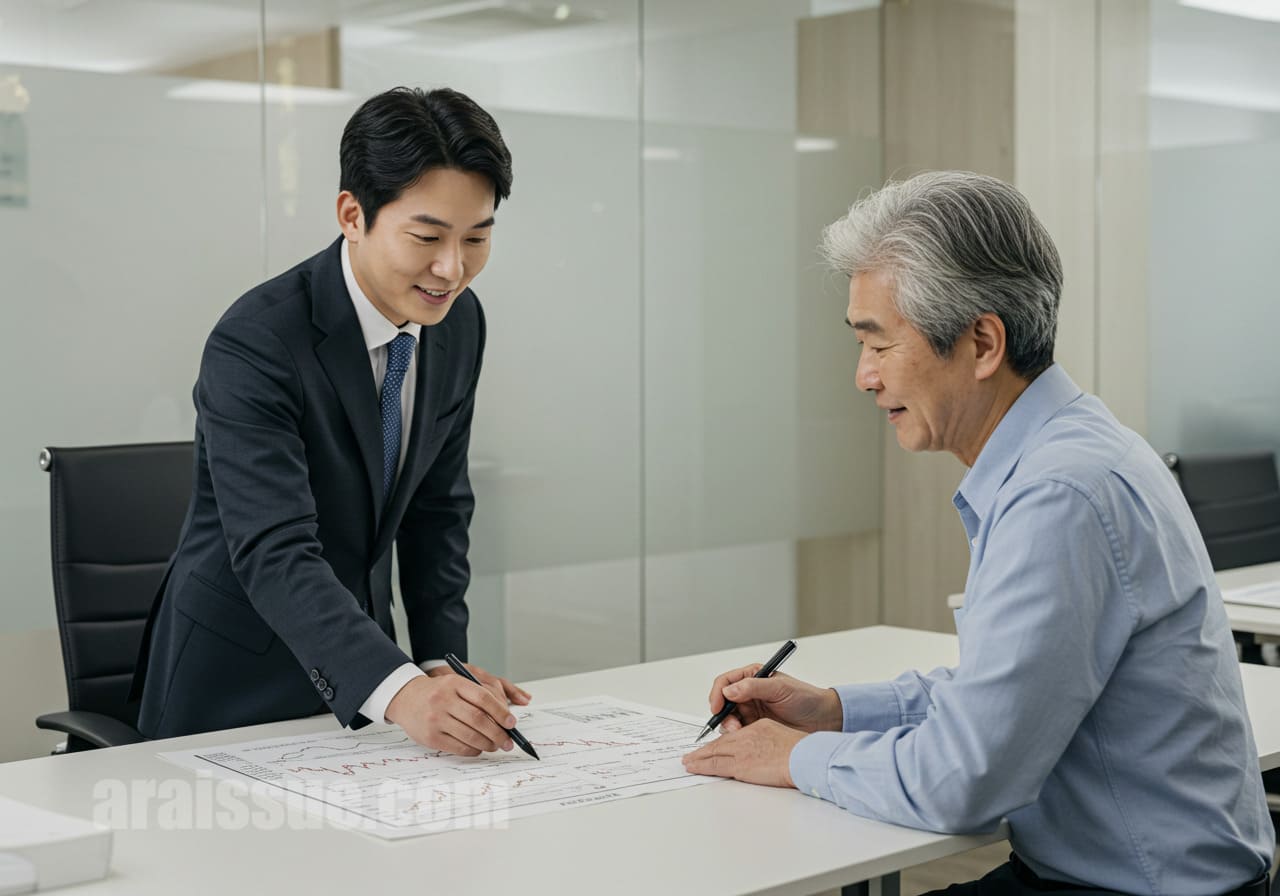 재무 상담가가 노인 고객에게 건강과 관련된 재무 그래프를 보여주며 설명하고 있습니다. 뼈 건강을 경제 전략으로 다루는 장면입니다.