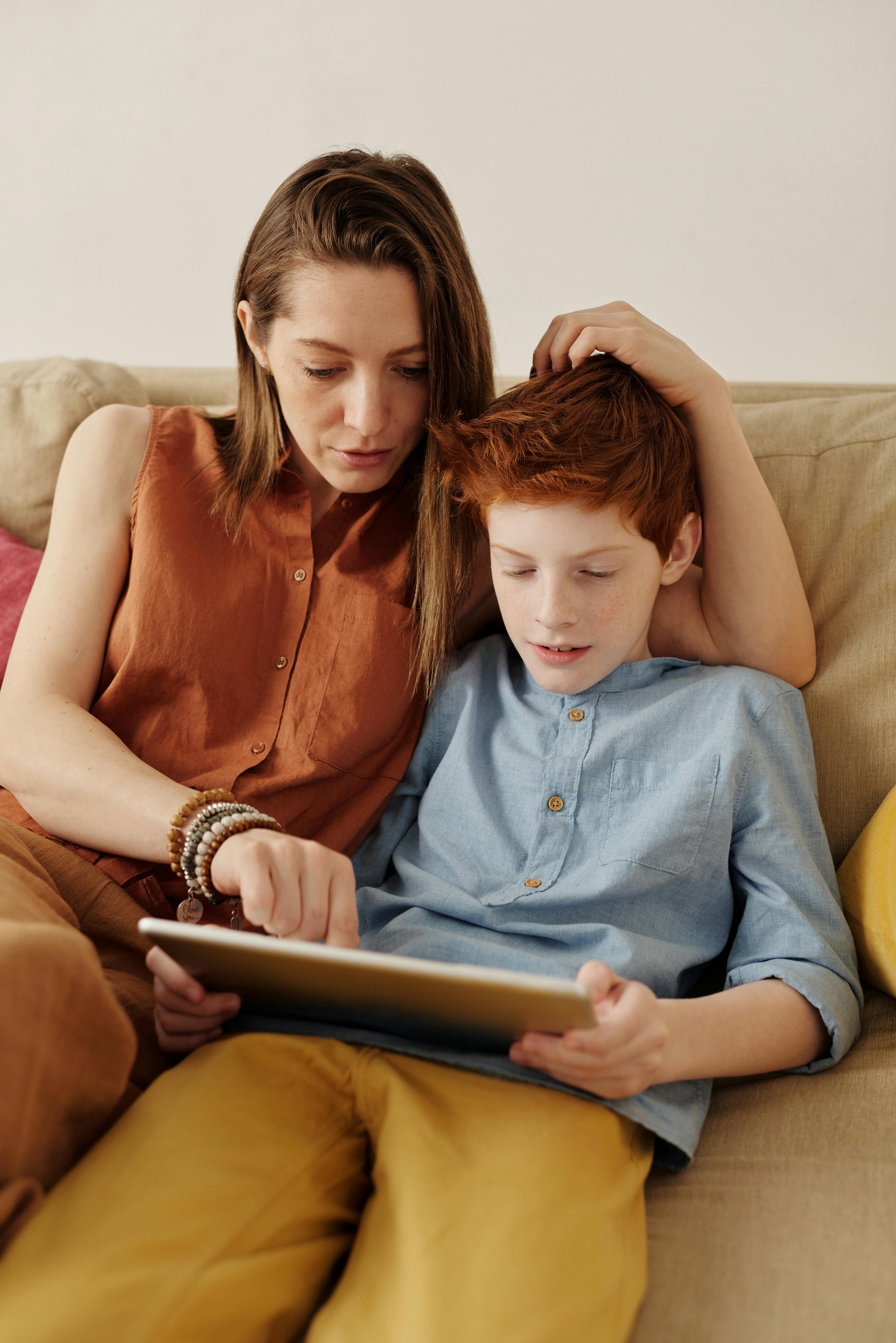 mother and son studying