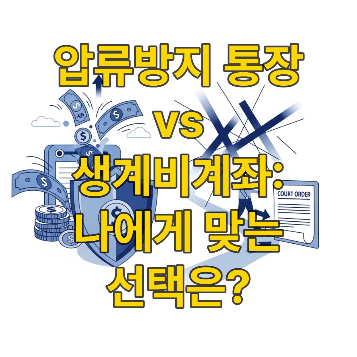 금융 압류로부터 공적 급여를 보호하는 압류방지 통장과 법원 결정으로 생계비를 지키는 생계비계좌를 나타내는 시각적 비교 이미지