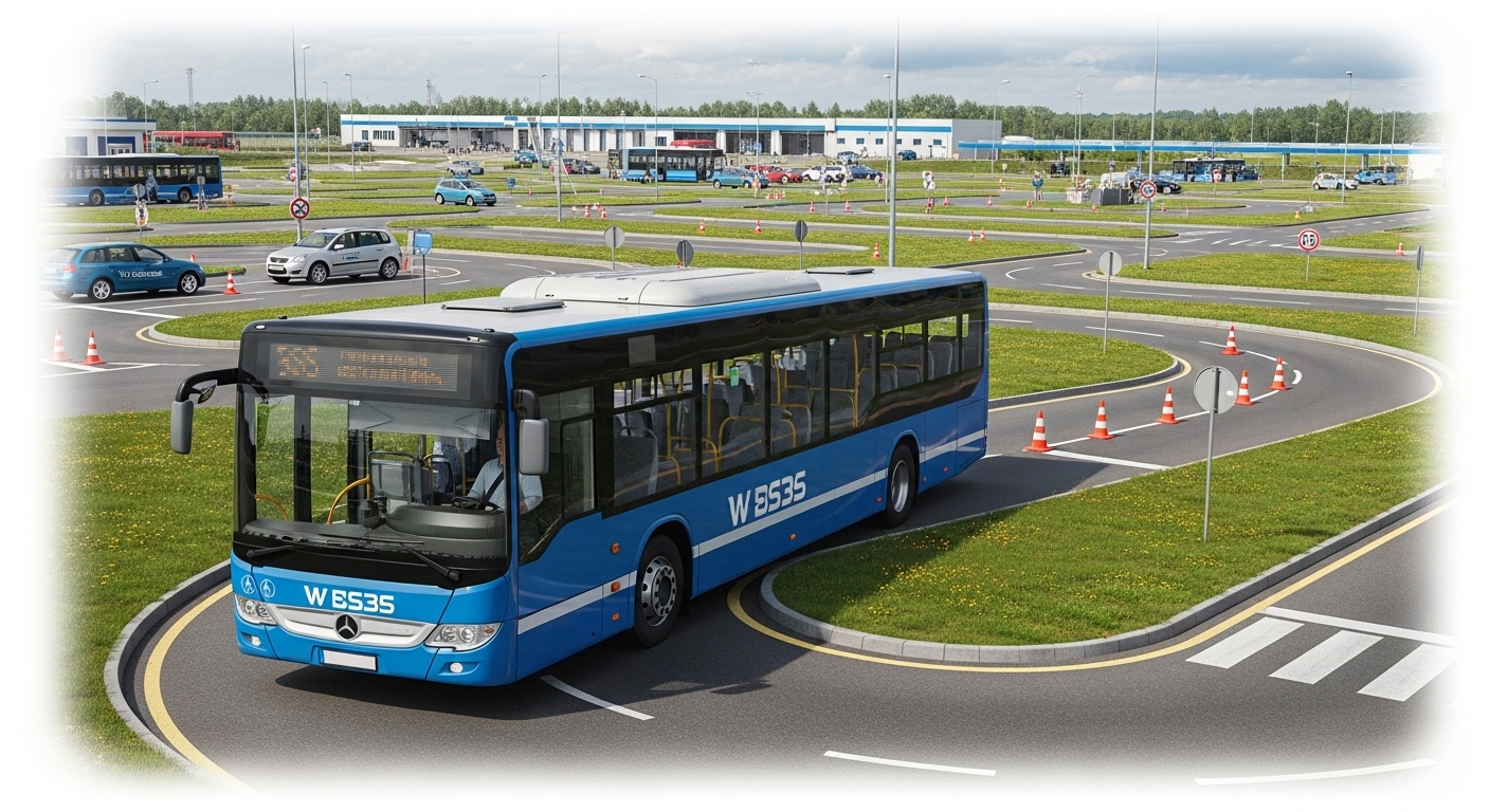 대형 버스가 운전 시험장의 어려운 코스를 정확하게 통과하며 숙련된 운전 기술을 보여주는 모습