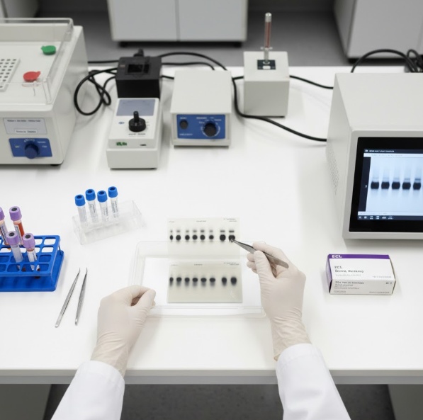 Western Blot 과정 중 하나인 SDS-PAGE의 결과를 분석하는 장면을 나타낸 사진이다.