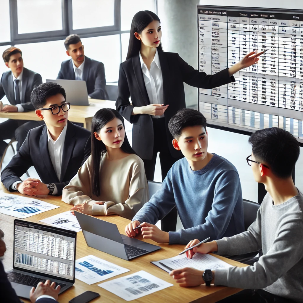 젊은 한국 직장인들이 현대식 교육실에서 데이터베이스 관리와 엑셀 작업을 실습하는 모습, 강사가 큰 화면을 통해 지도를 하며 모두가 적극적으로 참여