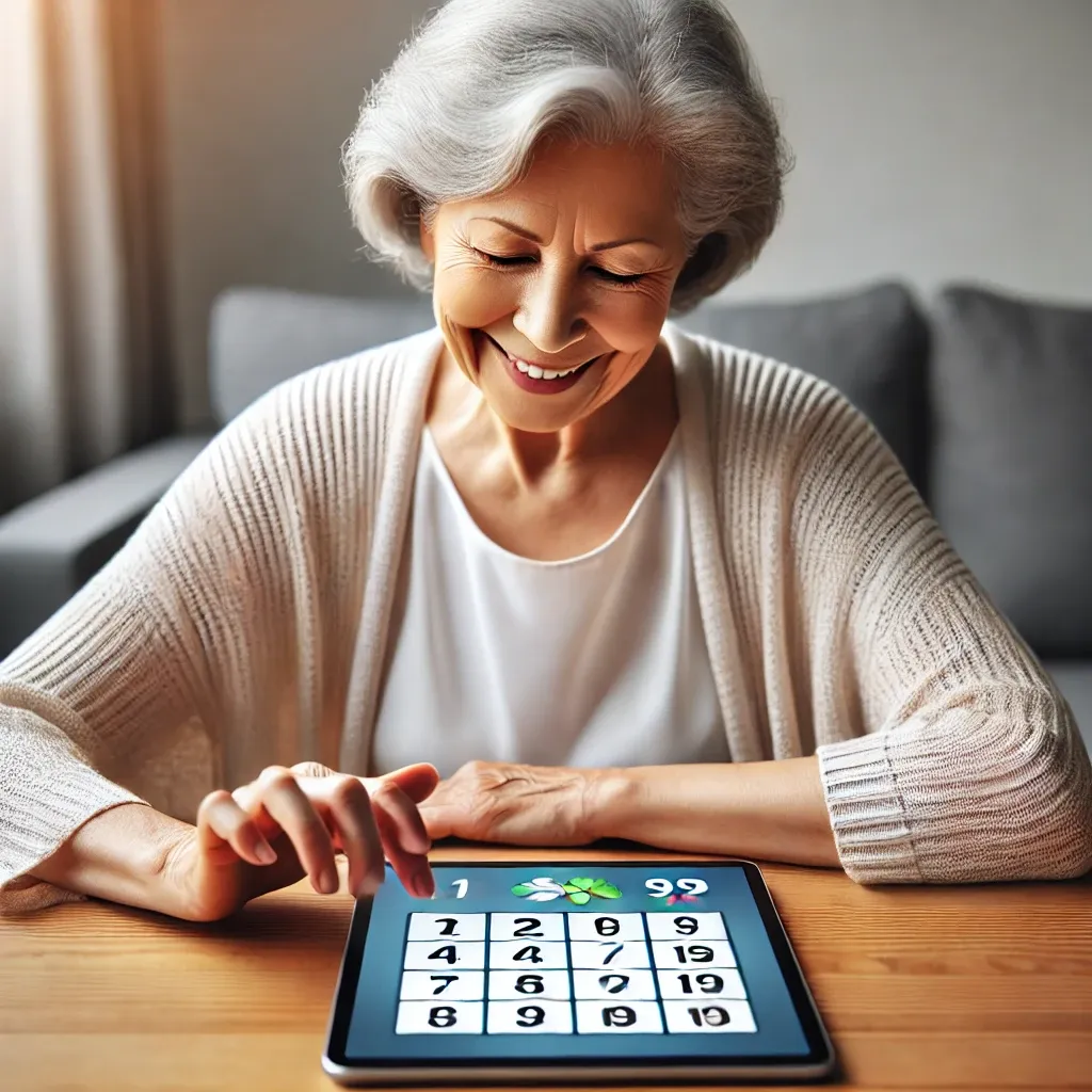 치매 예방을 위한 숫자 기반 퍼즐 게임을 태블릿에서 풀고 있는 노인 여성&amp;#44; 밝은 방에서 미소 지으며 게임에 참여하는 모습.