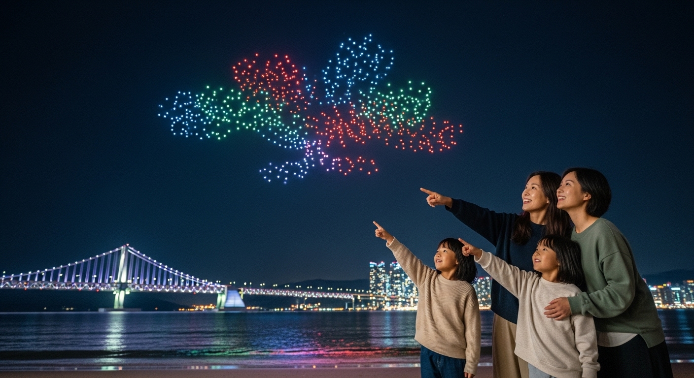 2025년 10월 광안리 해변에서 가족이 밤하늘의 화려한 드론쇼를 감상하며 즐거워하는 모습