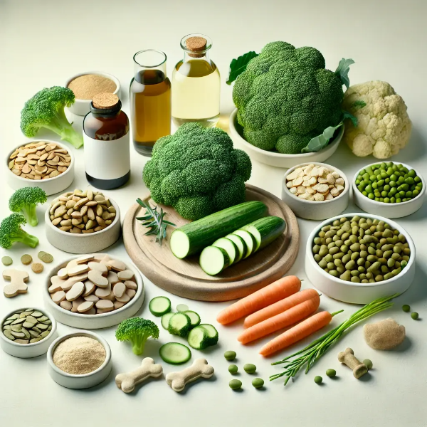 하얀 배경 위에 정리된 식이섬유가 풍부한 채소와 소화에 좋은 반려견용 식품들의 전문 스튜디오 촬영 사진