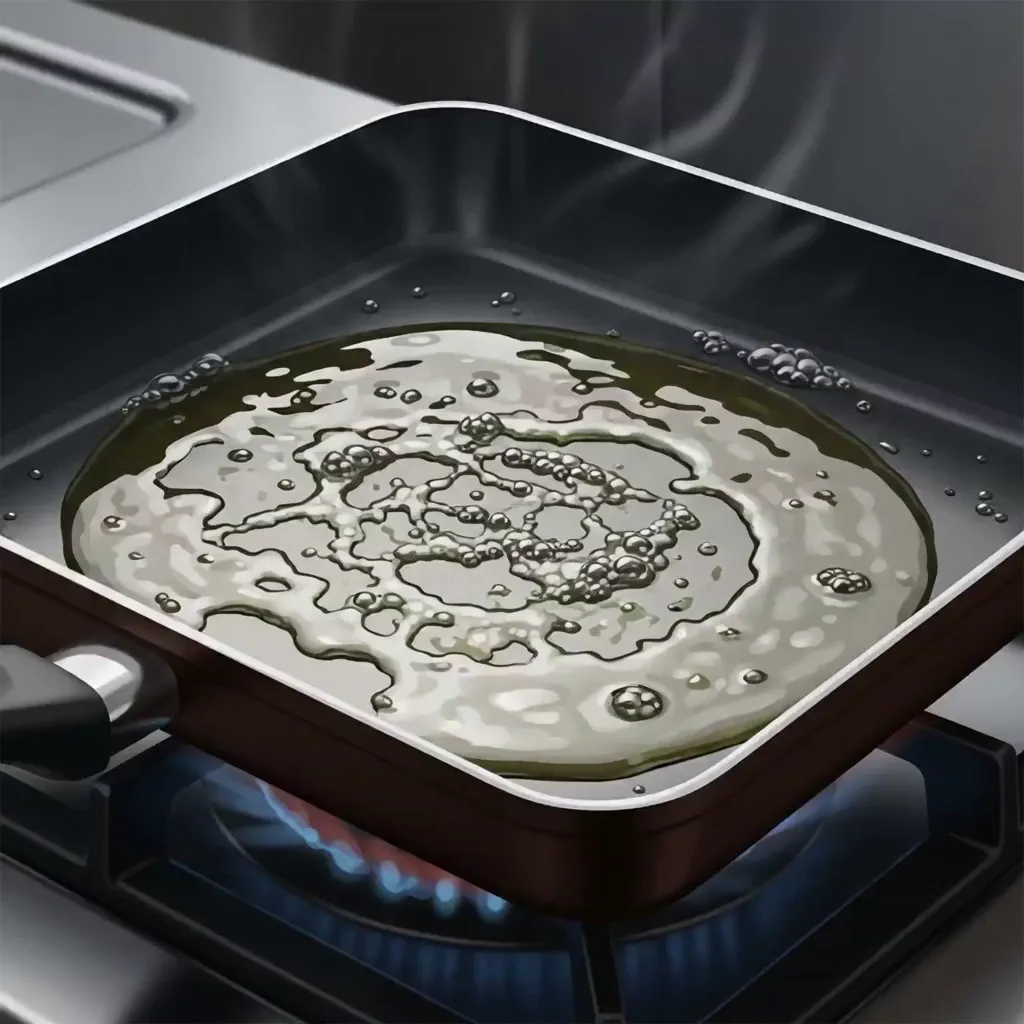 달궈진 프라이팬에 음식 조리