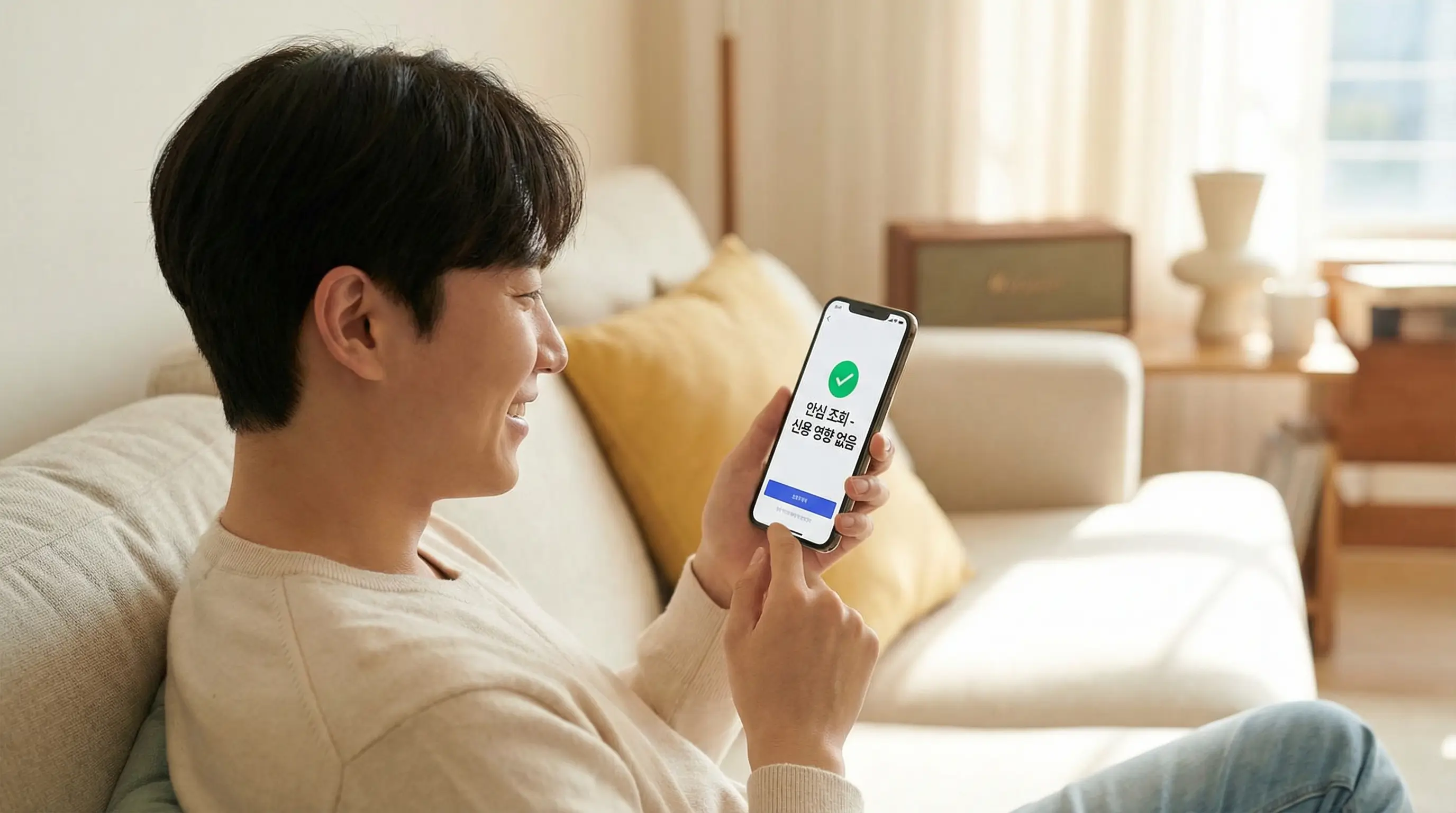 스마트폰으로 신용 점수 영향 없는 안심 조회 서비스를 이용하며 안도하는 사용자의 모습