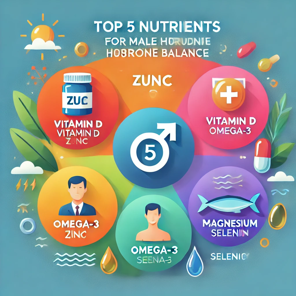 "남성 호르몬 밸런스에 필요한 5가지 필수 영양소 인포그래픽 &ndash; 정력 강화 영양 관리"