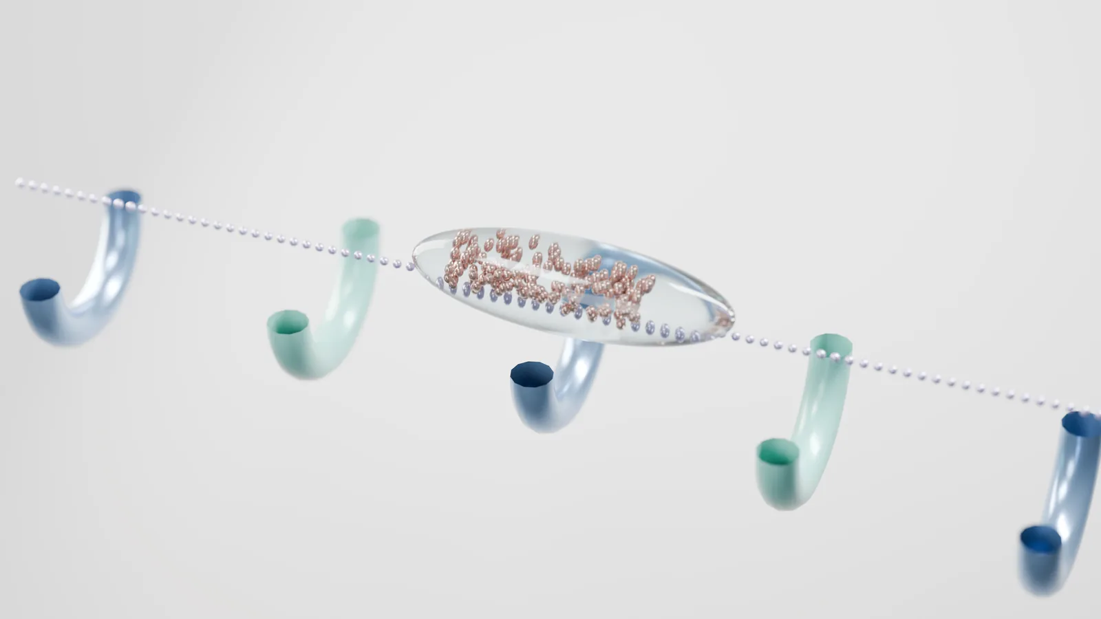 기하학적 형태와 파스텔 색조를 사용하여 미래 기술을 표현하는 추상적인 3D 렌더링 이미지입니다.