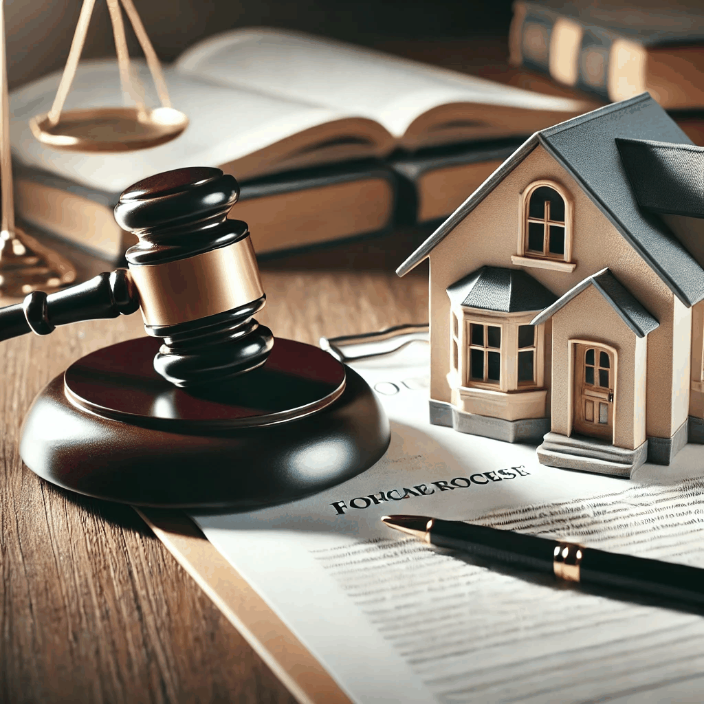 법적 금융 개념을 표현한 이미지로, 판사의 망치, 법률 문서, 그리고 부동산 모델이 저당권과 경매 절차를 상징적으로 나타낸다
