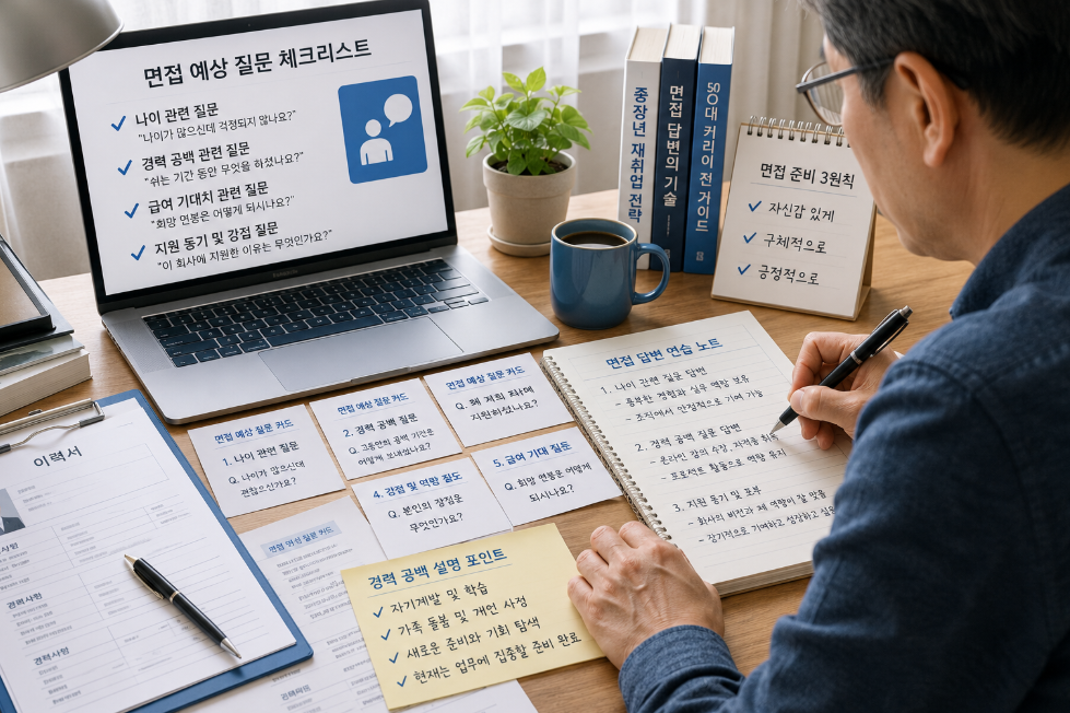 정년 퇴직후 중장년 구직자가 재취업 면접 예상 질문과 경력 공백 답변을 정리하며 미리 준비하는 장면