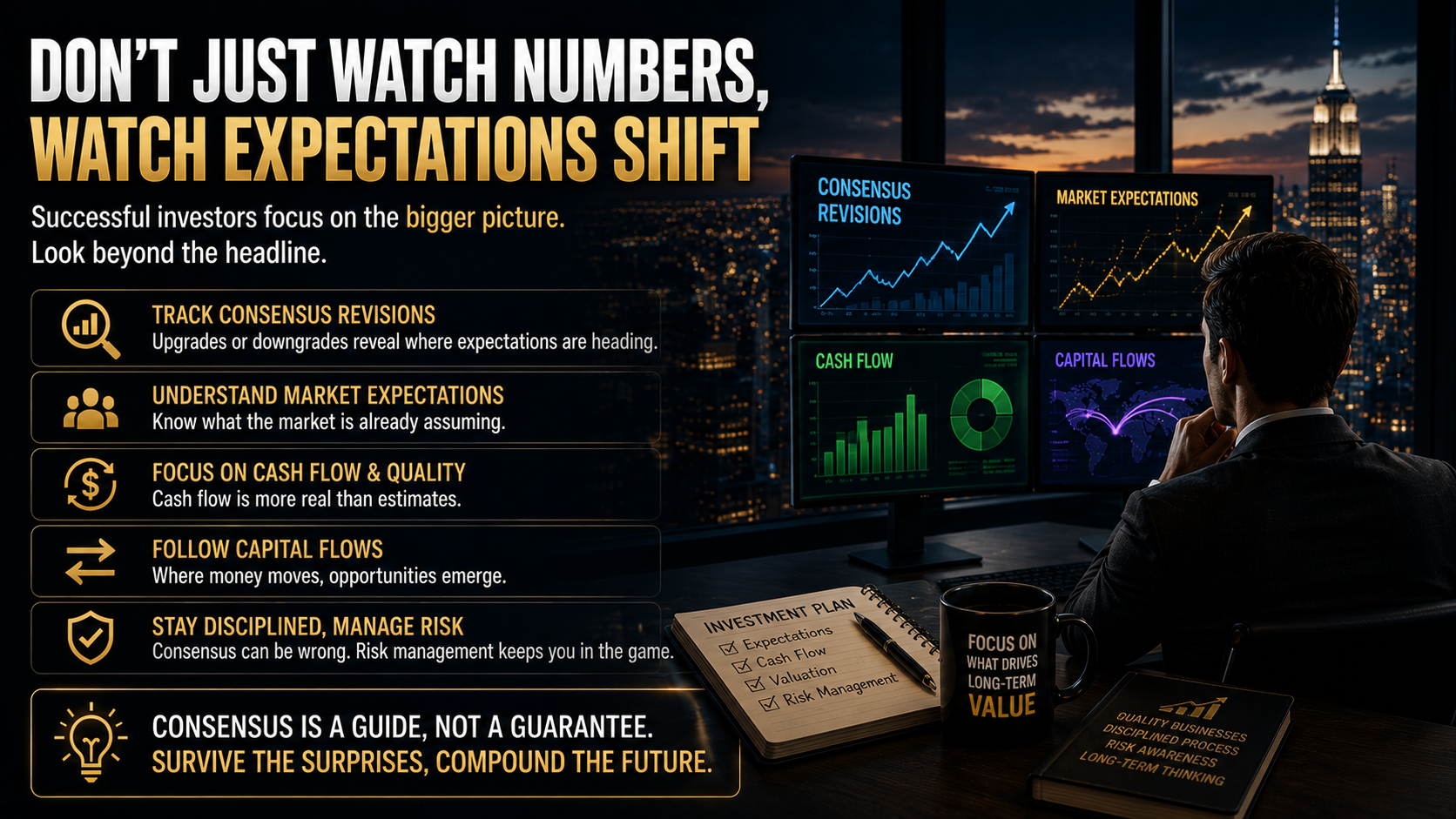 Long-term investing framework using consensus revisions, cash flow, capital flows, and market expectations.