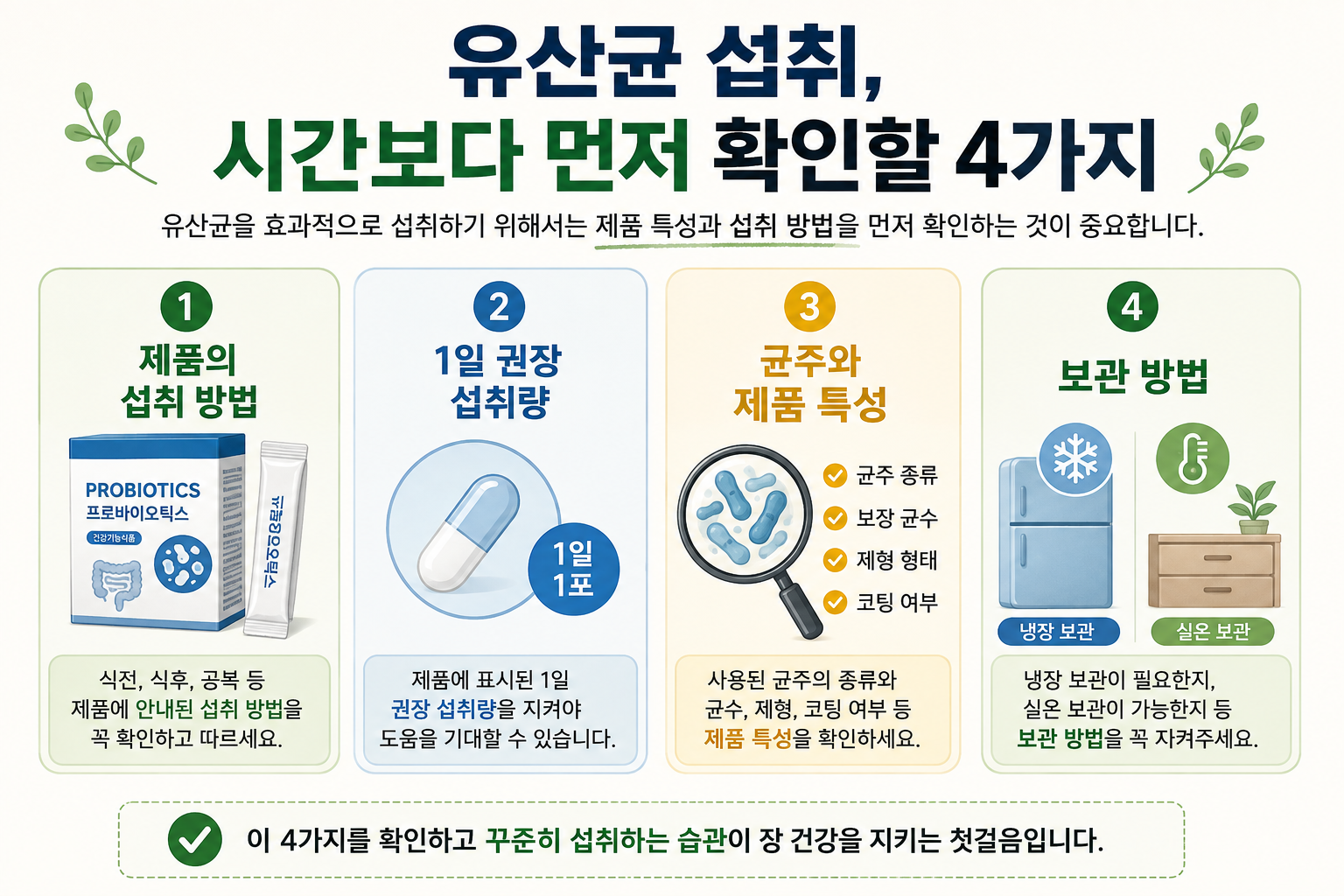 프로바이오틱스 섭취법&middot;하루 양&middot;제품 특성&middot;보관 조건 확인 항목