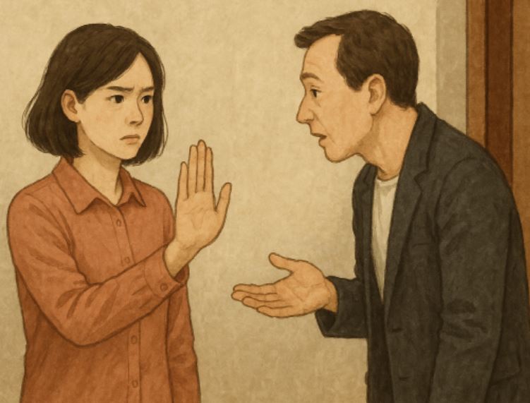 여성이 남성에게 손바닥을 보이며 단호하게 거절하는 모습