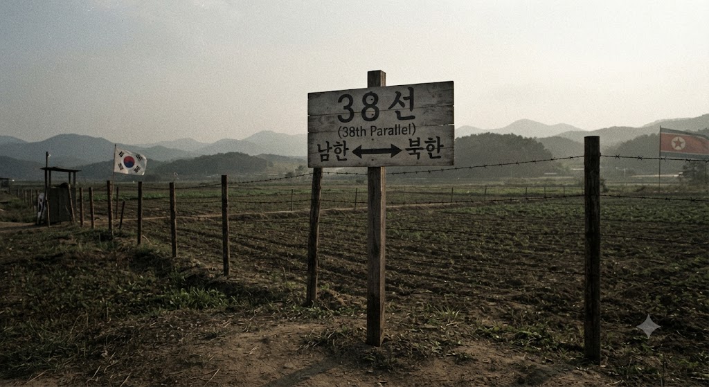 평화로웠던 농촌 마을을 가로지르는 삼엄한 철조망과 경계 초소를 실사풍으로 구성했습니다. 낡은 이정표에는 '38선'이라 적혀 있고, 철조망을 사이에 두고 남쪽과 북쪽의 풍경이 미묘하게 다릅니다. 한쪽에는 태극기가, 다른 쪽에는 인공기가 희미하게 보이며 분단의 비극을 시각화했습니다.