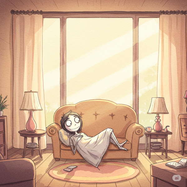 맑고 깨끗한 공기가 가득한 거실에서 편안하게 휴식하는 사람의 모습, 창문으로 햇살이 들어오는 평화로운 분위기