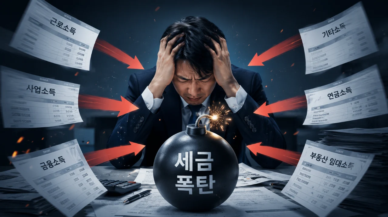 다양한 소득이 합쳐져 세금 폭탄을 맞는 이미지