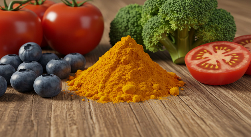 항산화 효과를 상징하는 과일과 채소&amp;#44; 커큐민 가루가 함께 놓인 모습
