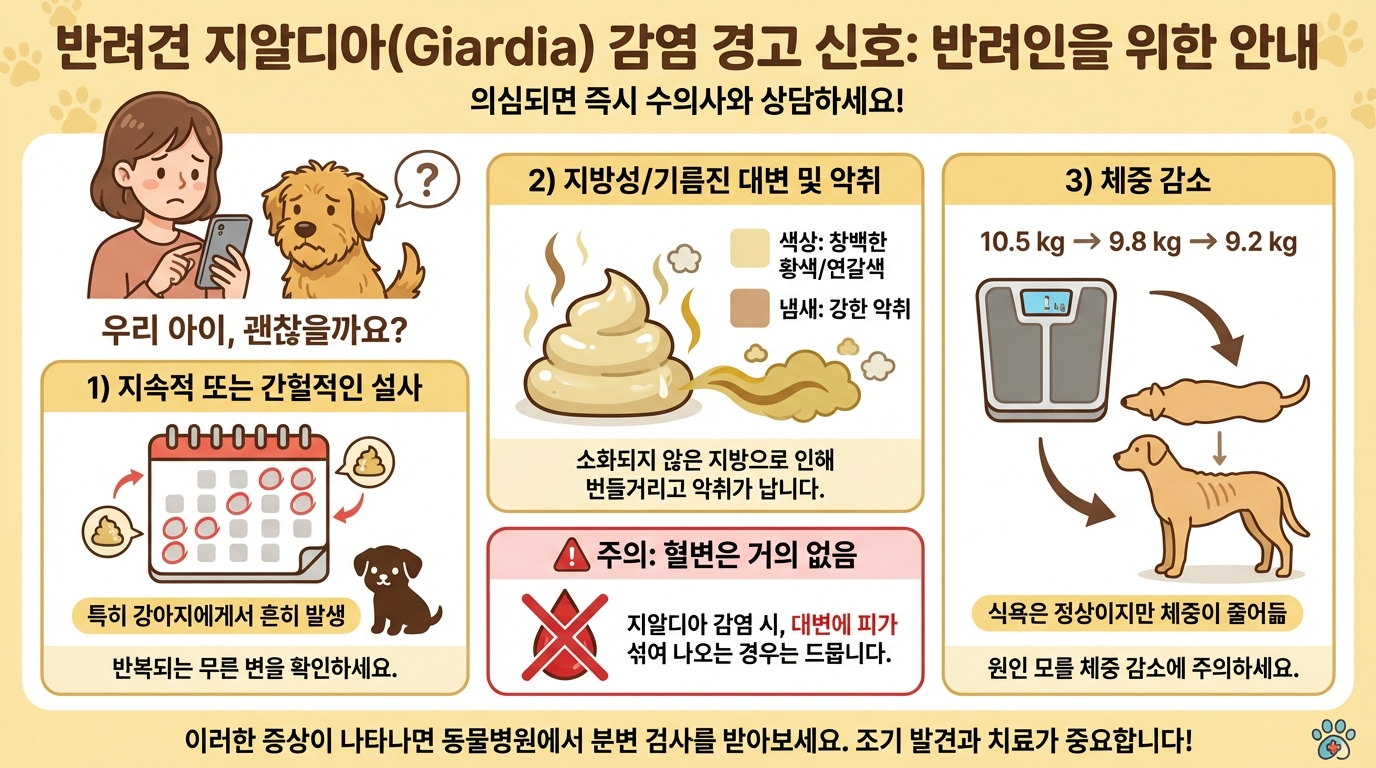 강아지 지아르디아 의심 기준(지속·간헐 설사, 지방변, 체중 감소, 퍼피에서 흔함)
