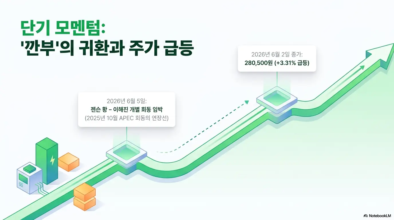 네이버 주가 전망: 젠슨 황과 이해진 의장의 6월 5일 개별 회동 임박과 6월 2일 종가 28만 500원 3.31% 급등을 상승 그래프로 보여 주는 네이버 주가 전망 인포그래픽