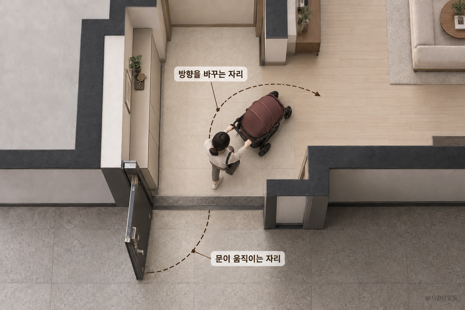 한국 아파트 현관의 열린 문과 회전 중인 유모차를 위에서 내려다본 가상 설명 그림