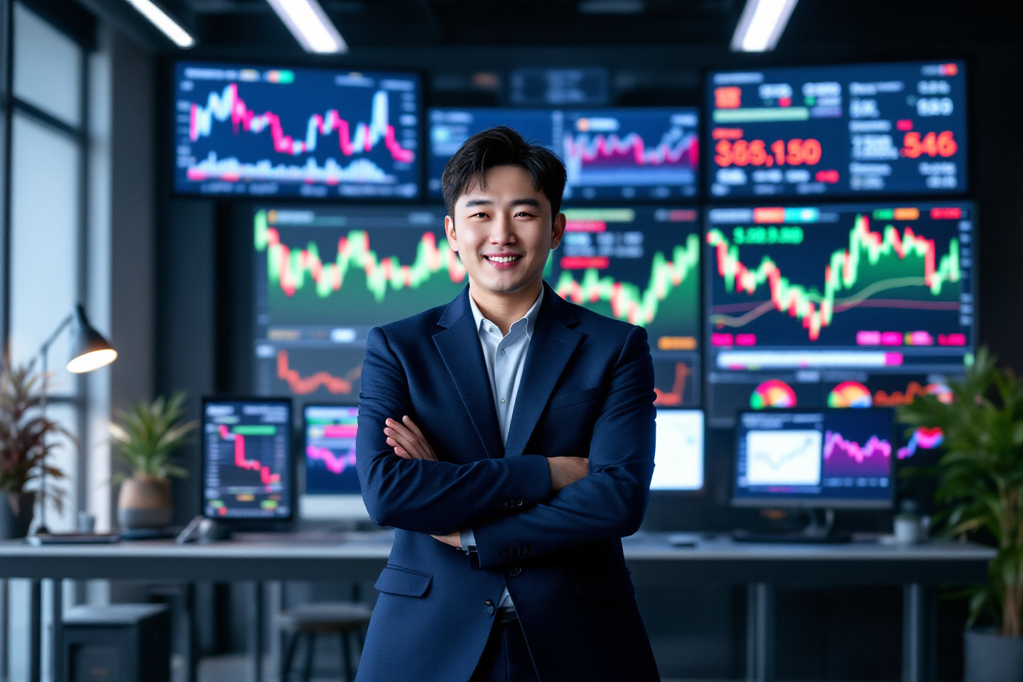 각종 지수 그래프가 즐비한 모니터 앞에서 활짝 웃고 있는 남성