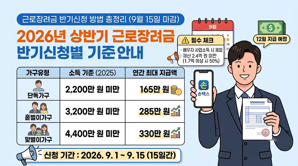 2026년 근로장려금 반기신청 기간과 가구유형별 지급액 안내표
