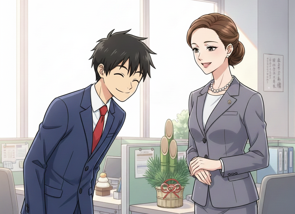 밝고 깨끗한 사무실 배경에서 정장을 입은 젊은 남성 직원이 환하게 웃으며 여성 상사에게 정중하게 허리 숙여 새해 인사를 건네는 따뜻한 분위기의 애니메이션 일러스트