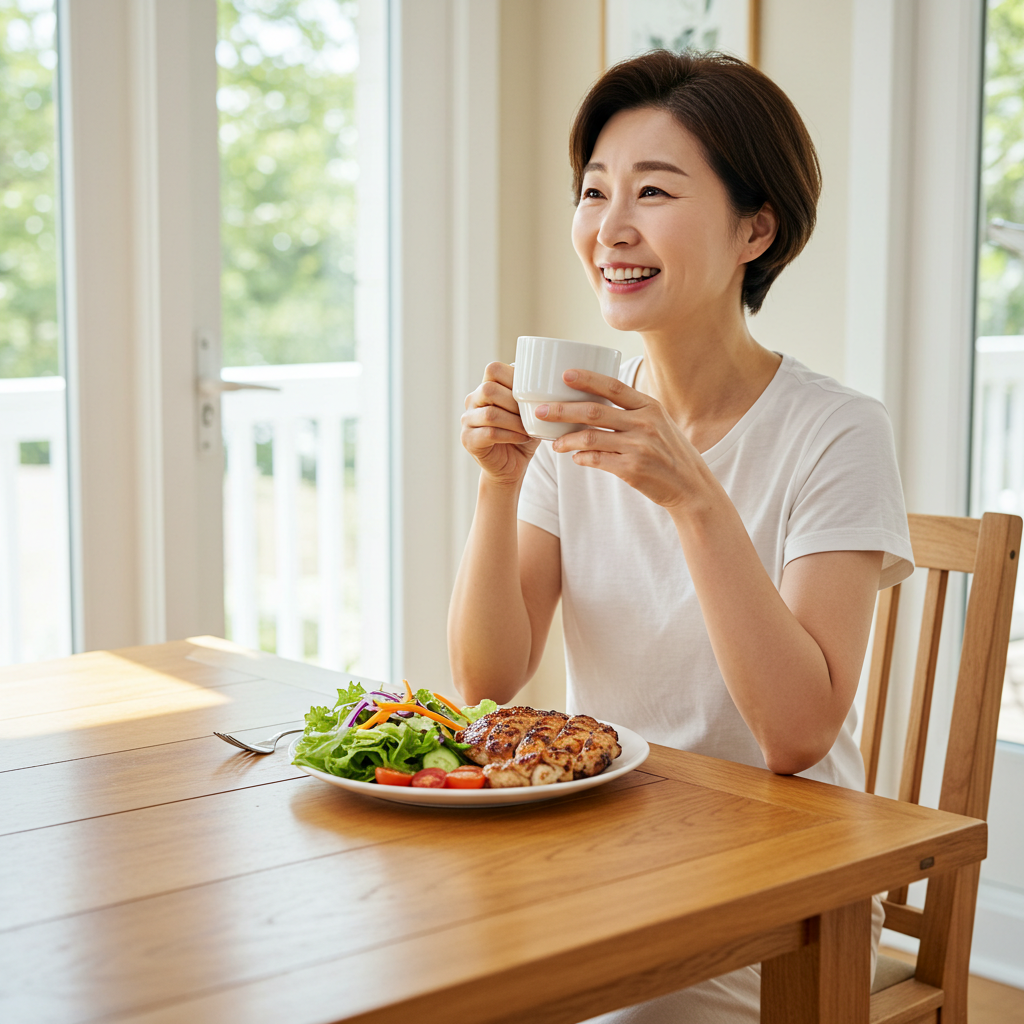 알룰로스로 단맛을 낸 건강한 커피와 샐러드를 즐기며 만족스럽게 미소 짓는 중년 여성