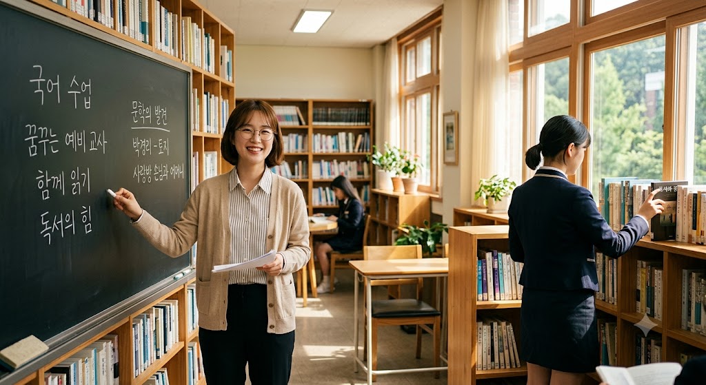 국어교육과 생기부 독서 추천 도서와 세특 기록 비법을 상징하는 칠판 문구와 도서관 풍경 이미지