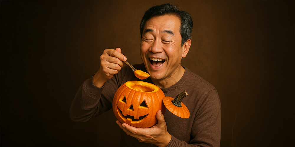 갱년기 남자가 호박을 먹고 활력을 돼 찾고 있다