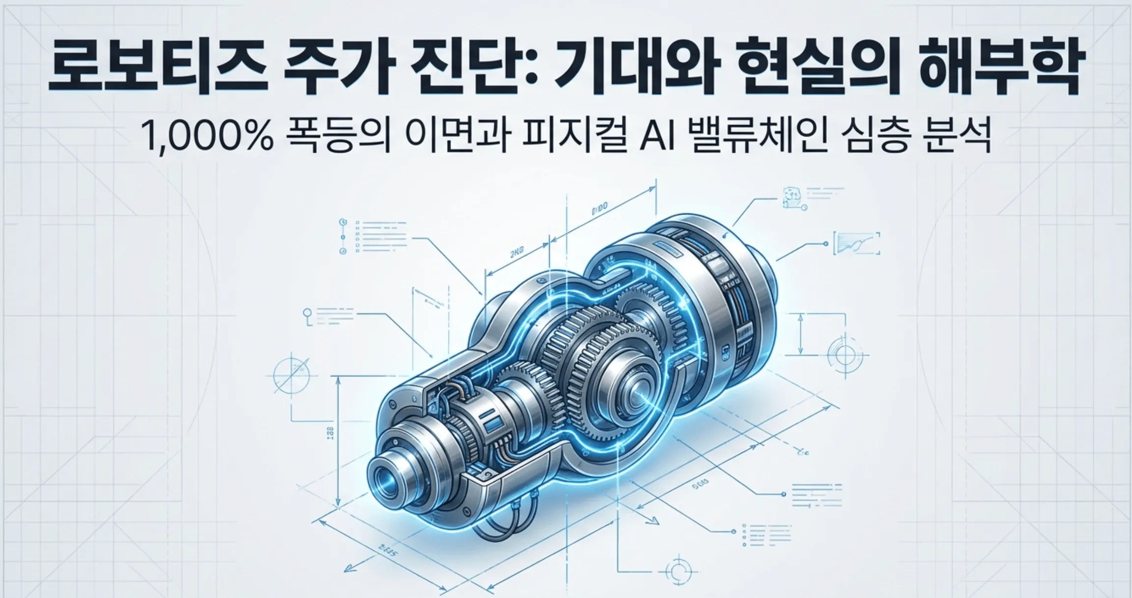 '로보티즈 주가 진단: 기대와 현실의 해부학'과 '1,000% 폭등의 이면과 피지컬 AI 밸류체인 심층 분석'이라는 제목이 담긴 로보티즈 주가 전망 대표 이미지. 청사진 배경에 로봇 관절 구동기인 액추에이터와 감속기 내부 구조가 정밀하게 묘사되어 있으며, 로보티즈의 1,000% 급등 배경과 휴머노이드 피지컬 AI 밸류체인 분석이라는 블로그 주제를 시각적으로 전달함
