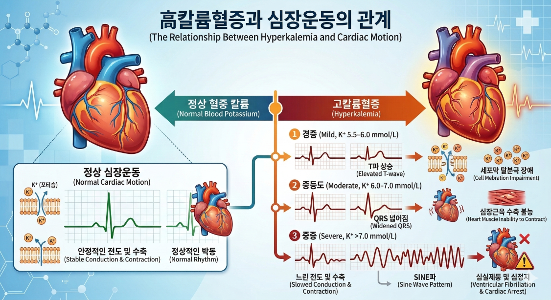 고칼륨혈증과 심장운동의 관계. 고칼륨혈증이 계속 진행되면 심실제동 및 심정지에 이를 수 있다.
