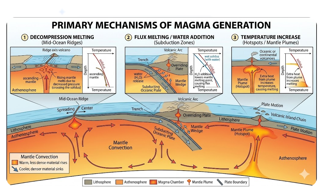 마그마 생성 원리 감압 용융 함수 온도 상승 도식
