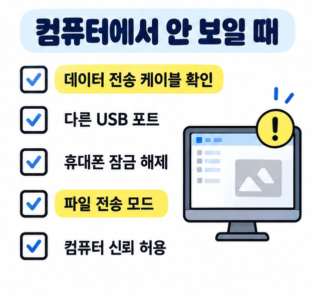 핸드폰이 컴퓨터에서 안 보일 때 데이터 전송 케이블, USB 포트, 파일 전송 모드, 휴대폰 잠금 상태를 확인하는 카드
